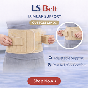 Lumbar support belt with adjustable support and pain relief features, featuring the brand 'LS Belt'.