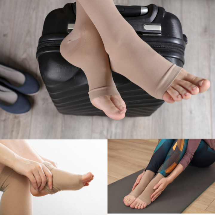 Medtex Class-2 compression stockings on leg, varicose vein support