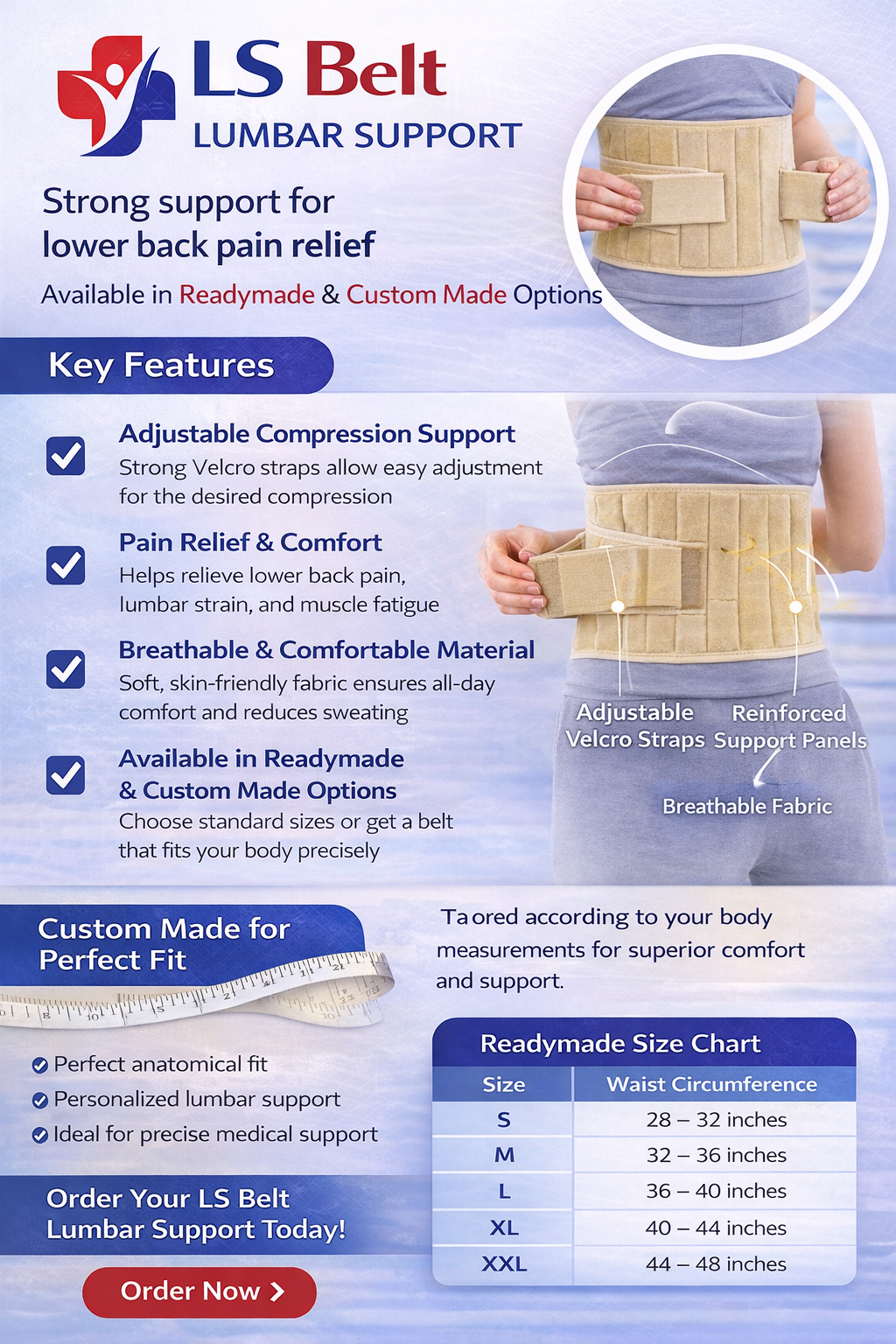 LS Belt lumbar support product description with features and customization options on a blue background